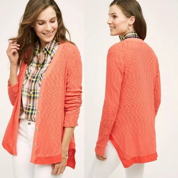Left Of Center Evie Cardigan Coral Hi-Lo Hem Cotton Button Front Long Sweater S - Picture 2 of 12